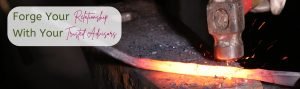 Red-hot iron on an anvil being beaten with a hammer.