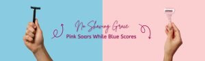 A man's hand and a woman's hand each holding a blue and pink razor respectively.