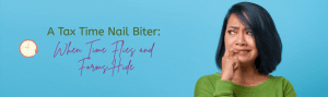 Worried woman looking to her right and biting her nails against a blue background.