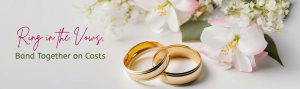 Two wedding rings on a white background with some white flowers in the background.