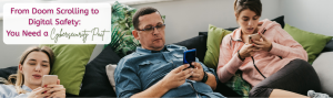 Dad with two daughters doom scrolling together on the couch.