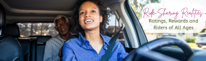 Woman driver looking in her rearview mirror at the older gentleman in the backseat.