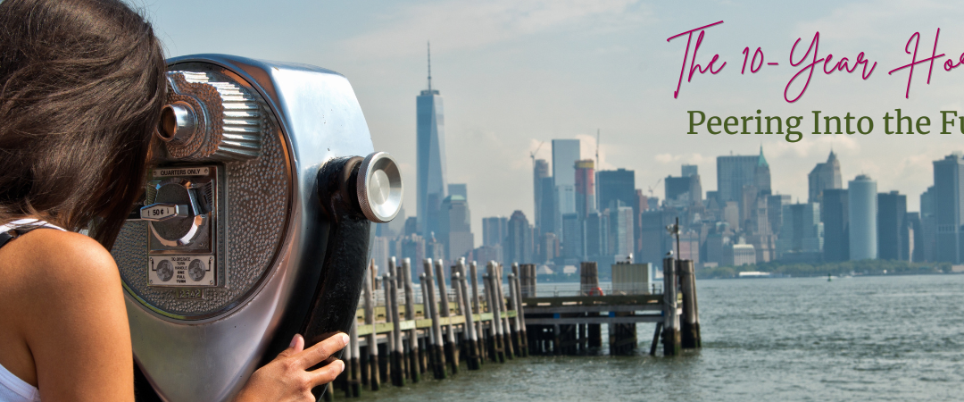 Woman looking through a pier telescope at the city across the harbor.